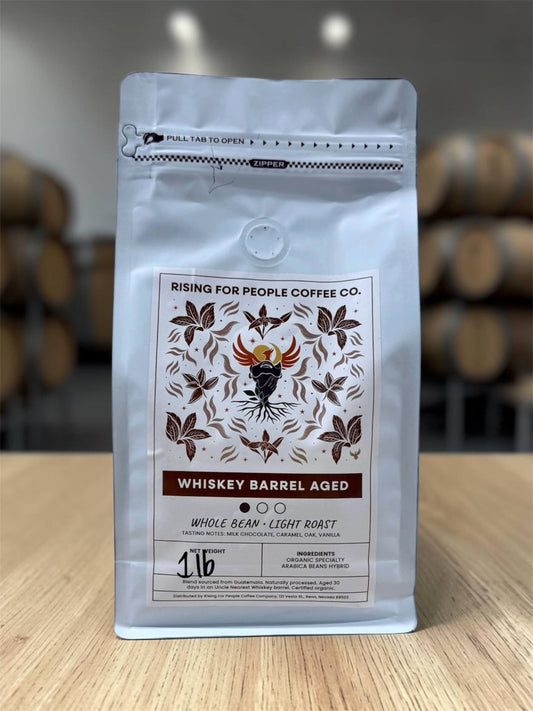 Aged Whiskey barrel Coffee Beans · Rising For People Coffee Co., Reno NV