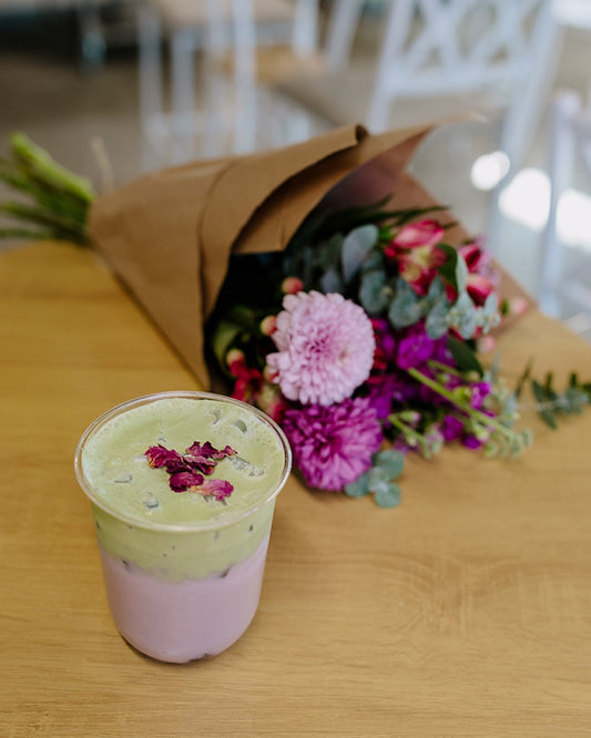 Iced matcha with fresh flowers