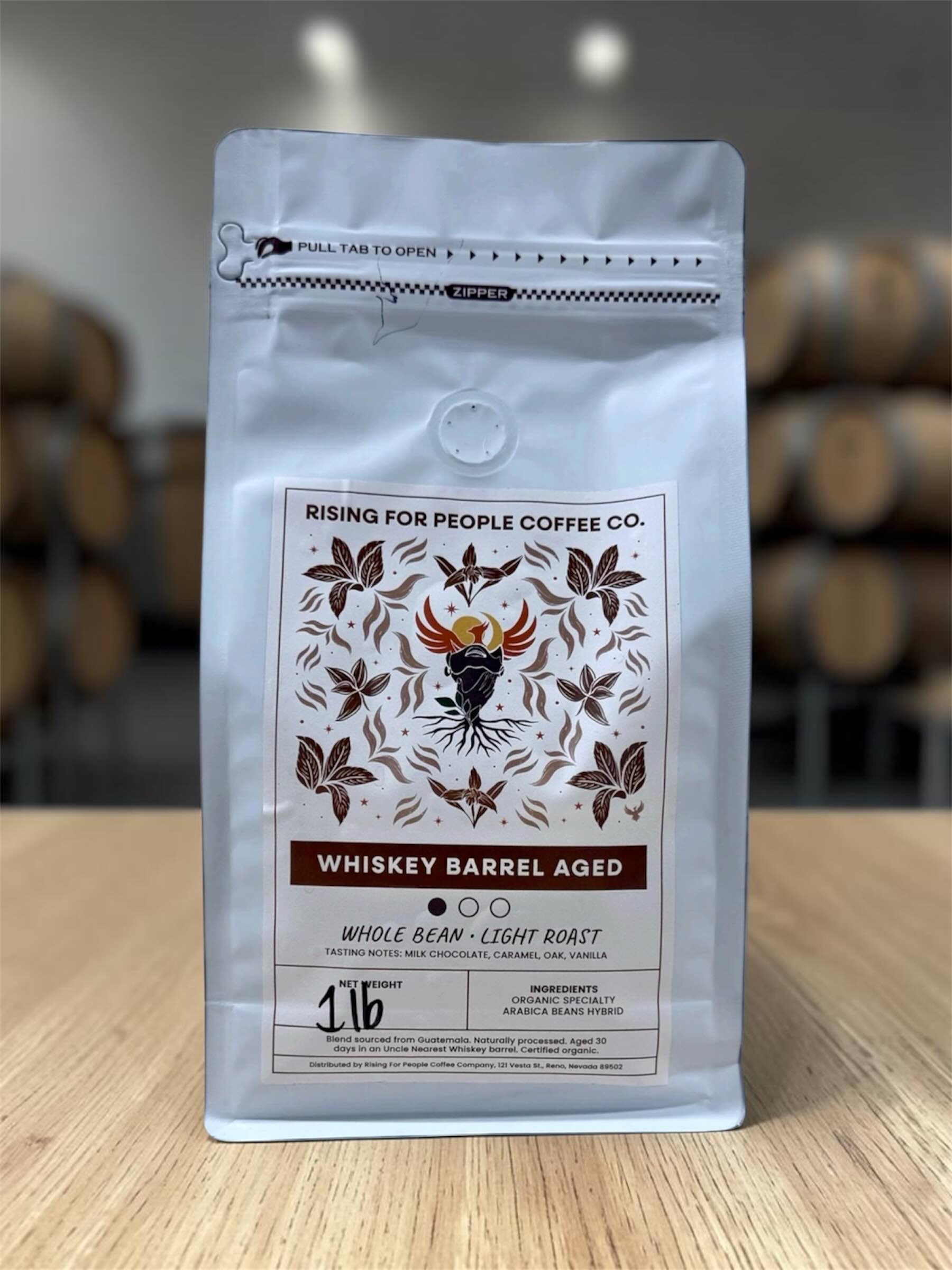 Aged Whiskey barrel Coffee Beans · Rising For People Coffee Co., Reno NV
