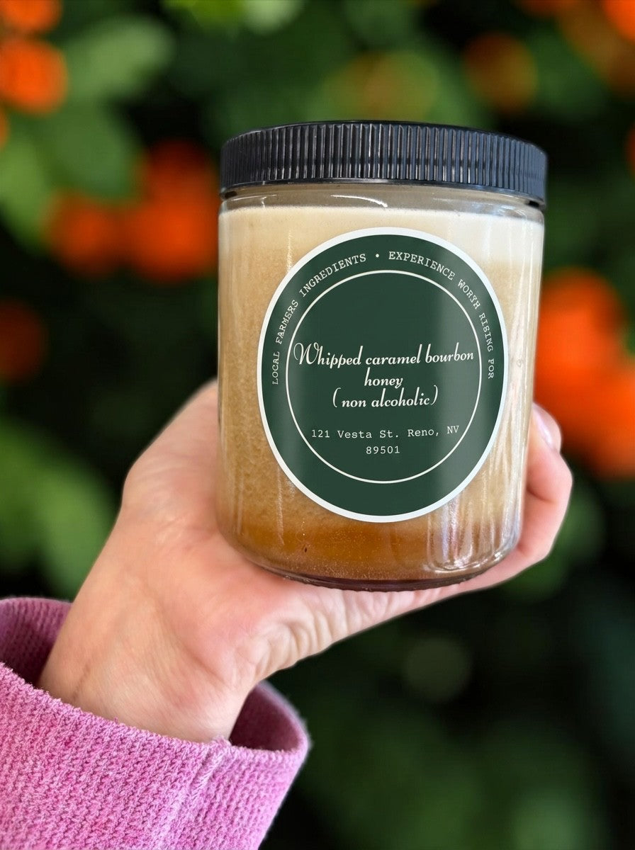 Whipped Caramel Bourbon Honey 8 oz jar — local Sierra honey